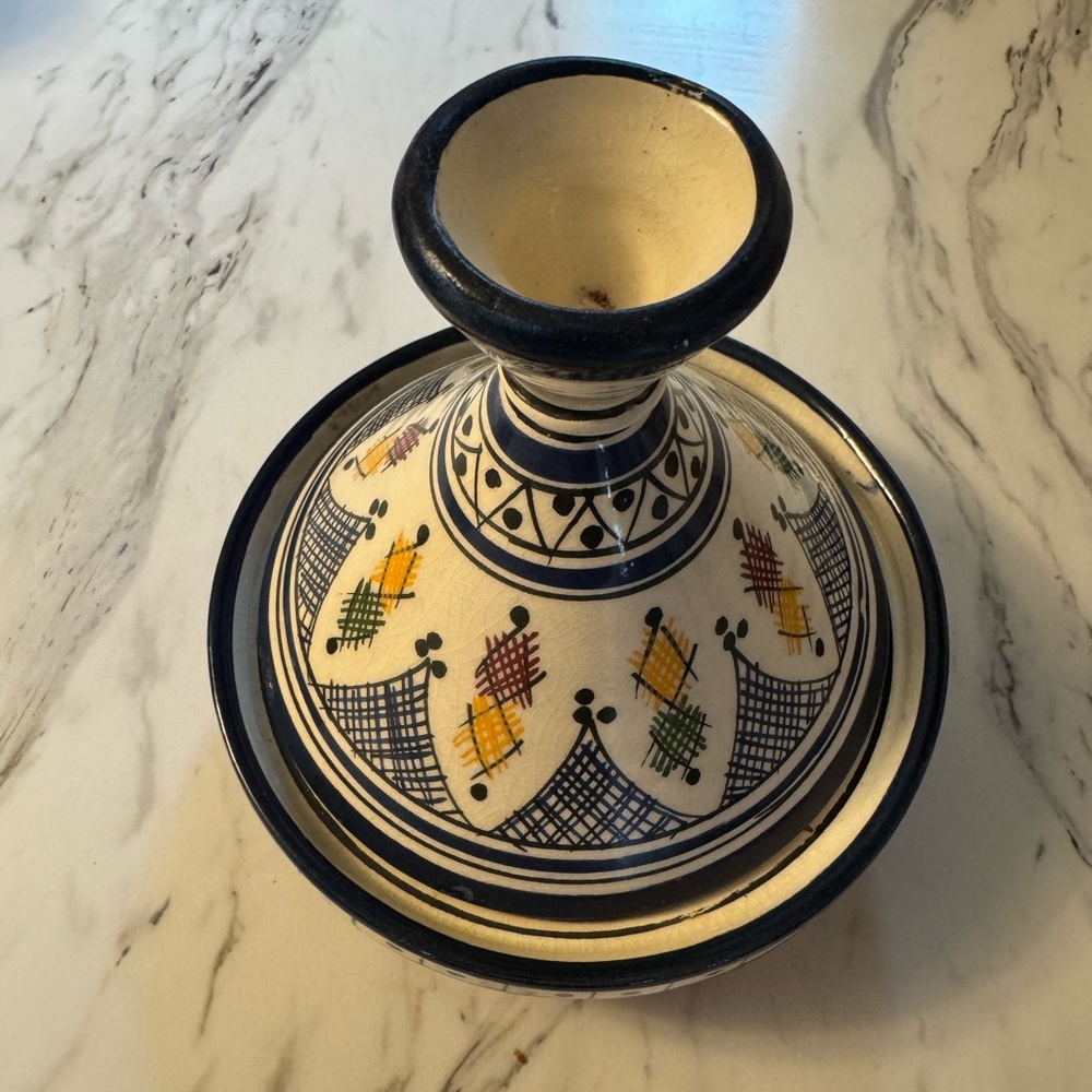 Vintage 6” Moroccan Terracotta Tagine Pot Hand Painted Glazed Multicolor